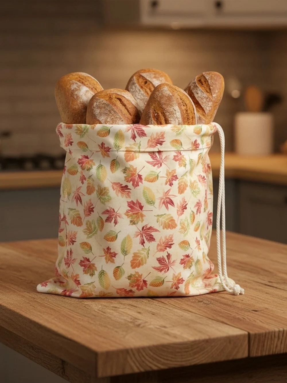Fall Leaves Cotton Bread Bag with Matching Mason Jar Bonnet & Tea Towel